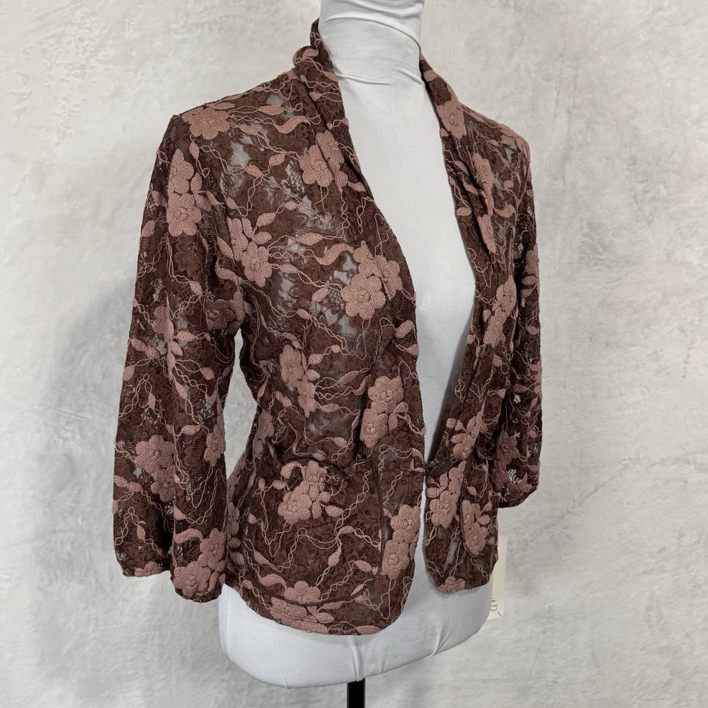 NWT Y2K Boho Lace Blazer Jacket Size L Brown Pink Floral Sheer whimsy fairy VTG‎